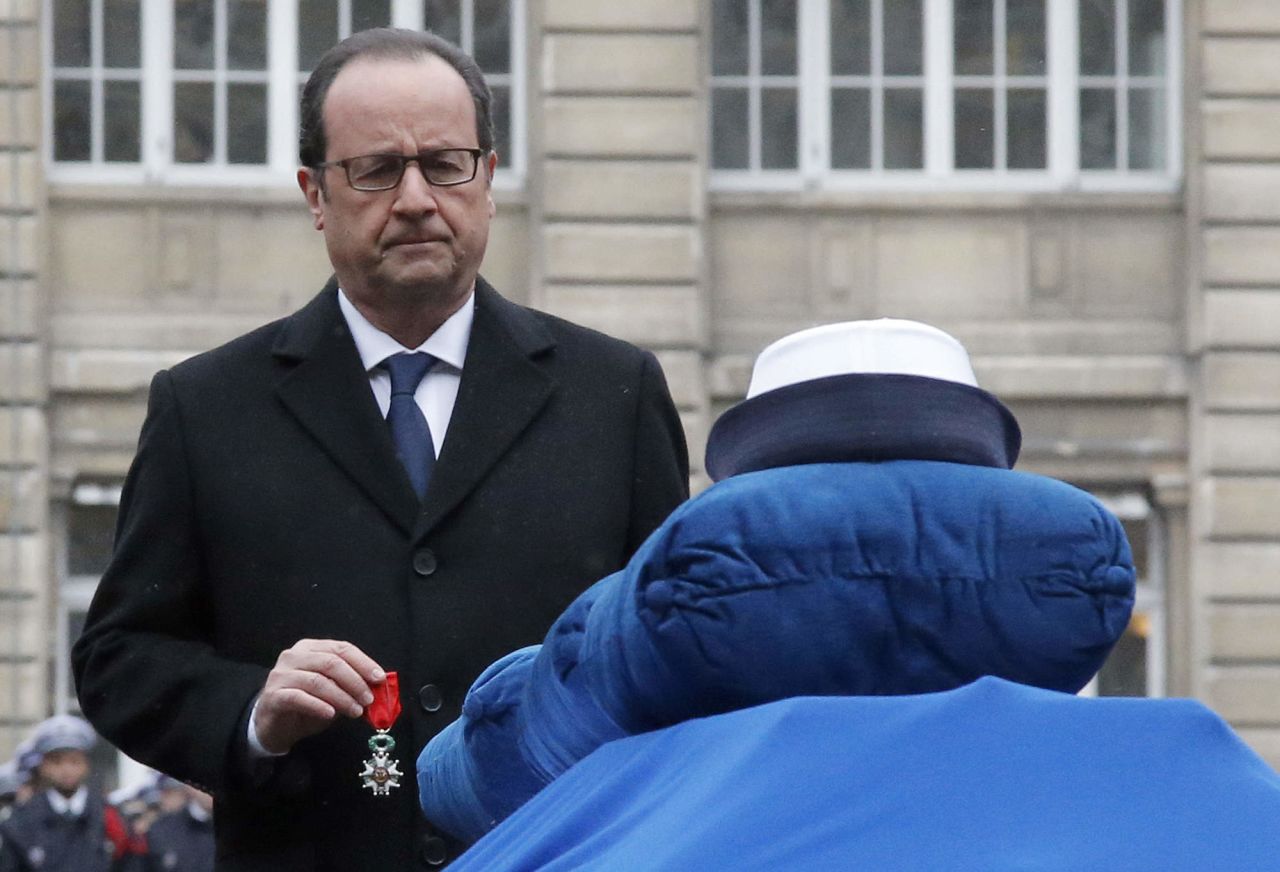 Hollande eulogized the police officers -- Merabet, Franck Brinsolaro and Clarissa Jean-Philippe -- during the ceremony on January 13. He awarded each with the Legion d'Honneur (National Order of Merit), placing a medal on each coffin.