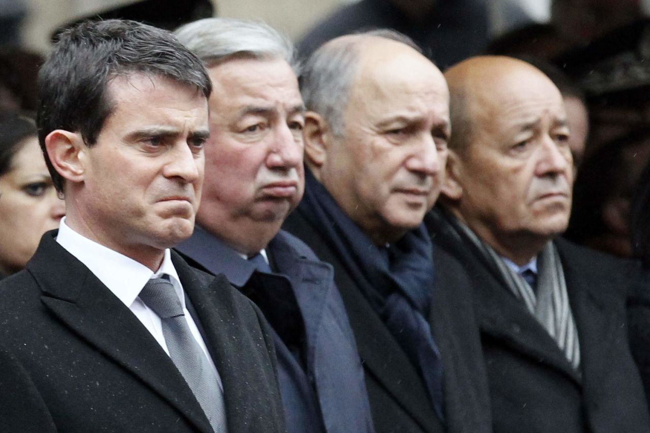 From left, French Prime Minister Manuel Valls, Senate President Gerard Larcher, Foreign Affairs Minister Laurent Fabius and Defense Minister Jean-Yves Le Drian attend the ceremony. 