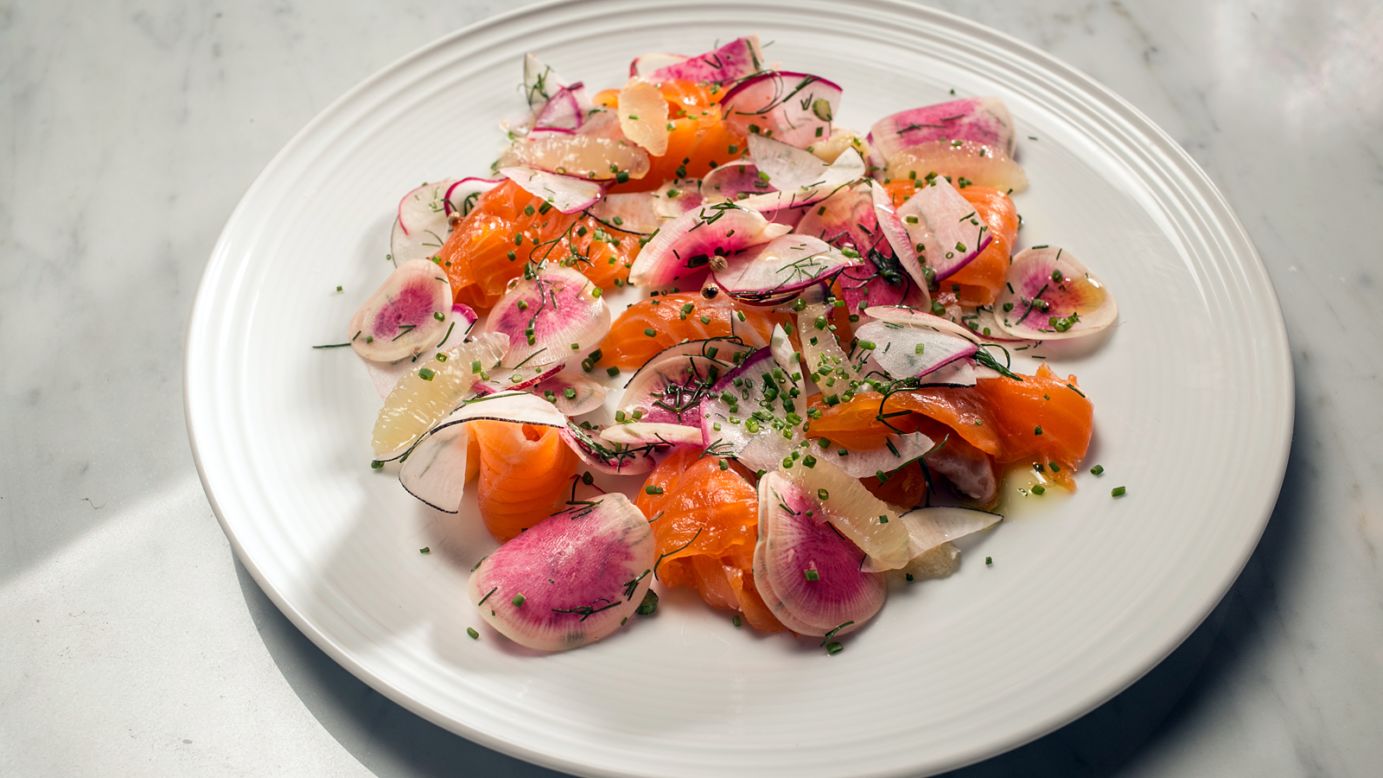 Recently opened near the Highline in Manhattan, Santina focuses on seafood and Italian cuisine, such as sambuca-cured salmon and radishes (pictured).