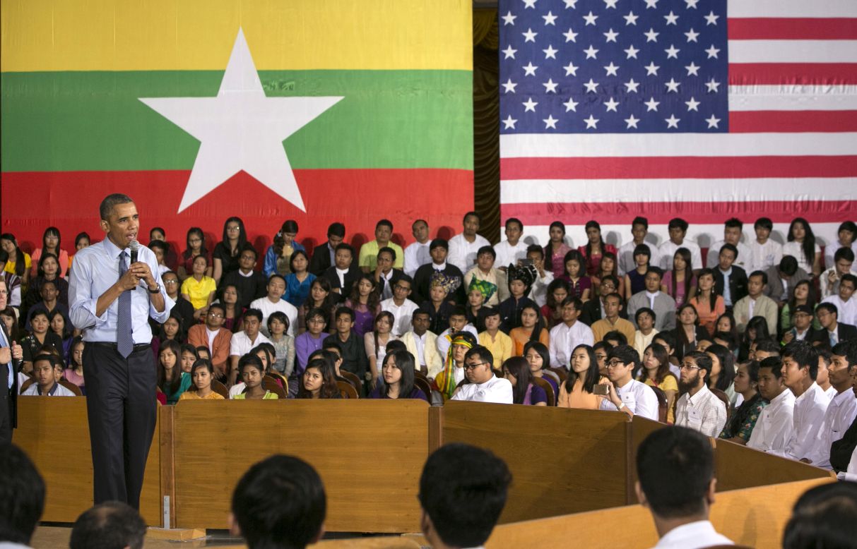 U.S President Barak Obama speaks to students during a Young Southeast Asian Leaders Initiative (YSEALI) Town Hall meeting on November 14, 2014 in Yangon, Burma
