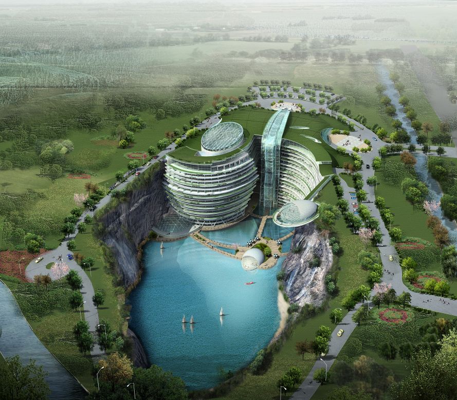 The transformation of a former quarry outside Shanghai into a 19-storey resort is almost complete. On completion the Shimao Wonderland Intercontinental will have a giant waterfall cascading from the roof, an extreme sports center hanging from the a rock-face, and an underwater restaurant.<br /> <br />[Artist's rendering.]