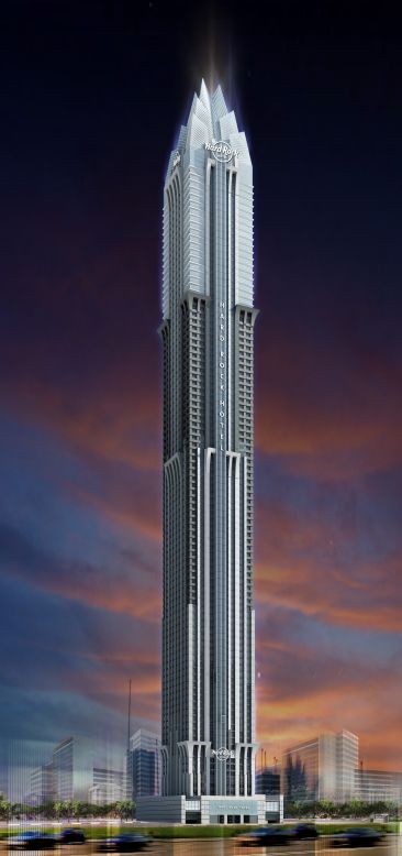 The first 33 floors of the skyscraper will comprise a 300-room Hard Rock hotel, with residential apartments above. The top 20 floors will contain some of the most expensive penthouses in Dubai, developers claim.<br /><br />[Artist's rendering.]