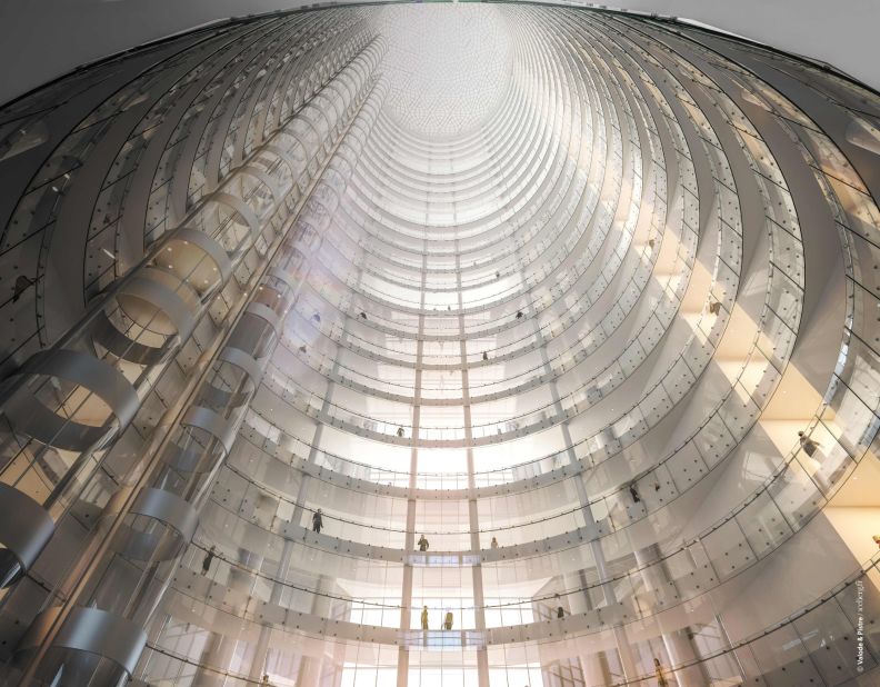 A view of the swirling design of the Al Noor Tower.