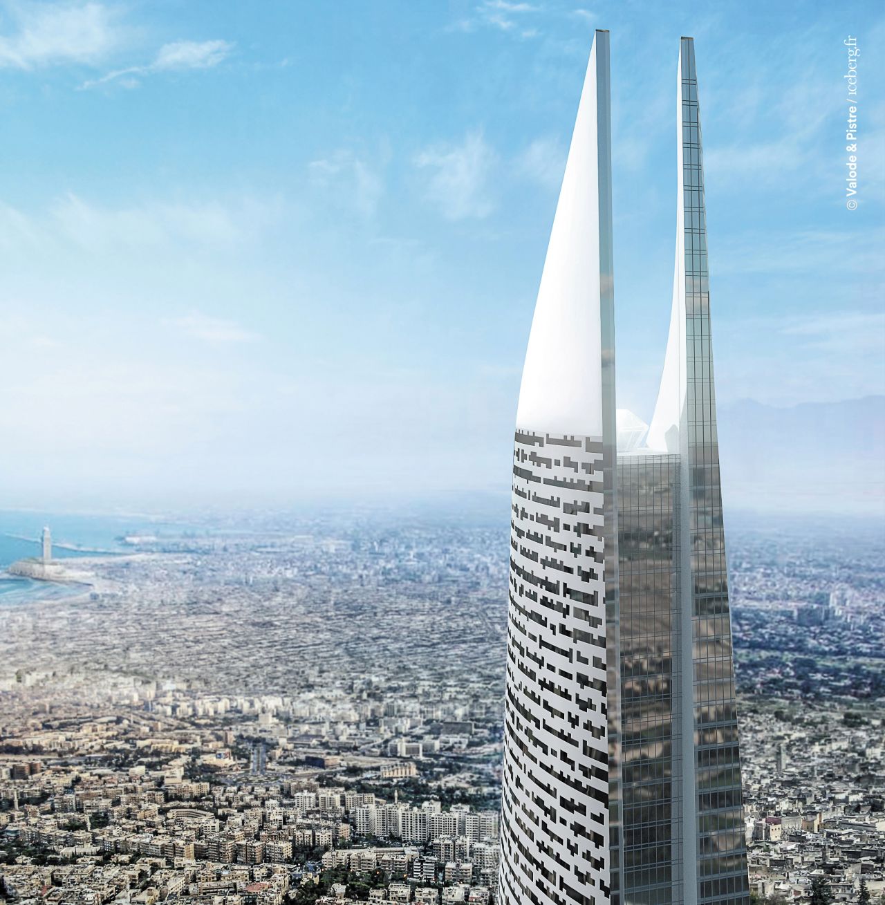 An artist's rendering of the Al Noor Tower with the city of Casablanca depicted in the background.
