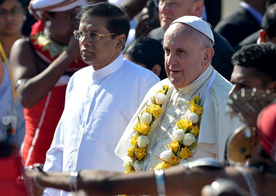 Pope Francis (R) stands alongside Sri Lankan President Maithripala Sirisena (L) during a welcome ceremony at the Bandaranaike International Airport in Katunayake, Sri Lanka on January 13. Sri Lanka is the first stop in his two-nation tour in Asia. He will continue on to the Philippines, the largest Catholic majority nation in Asia, where he is expected to draw huge crowds during his visit from January 15 - 19.