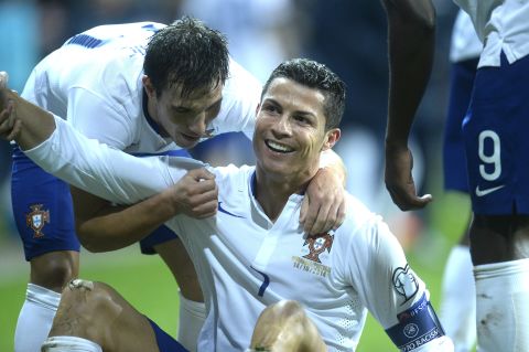 October 14: Ronaldo reacts after scoring during a UEFA qualifying match versus Denmark, becoming the joint all-time scorer in the competition. 