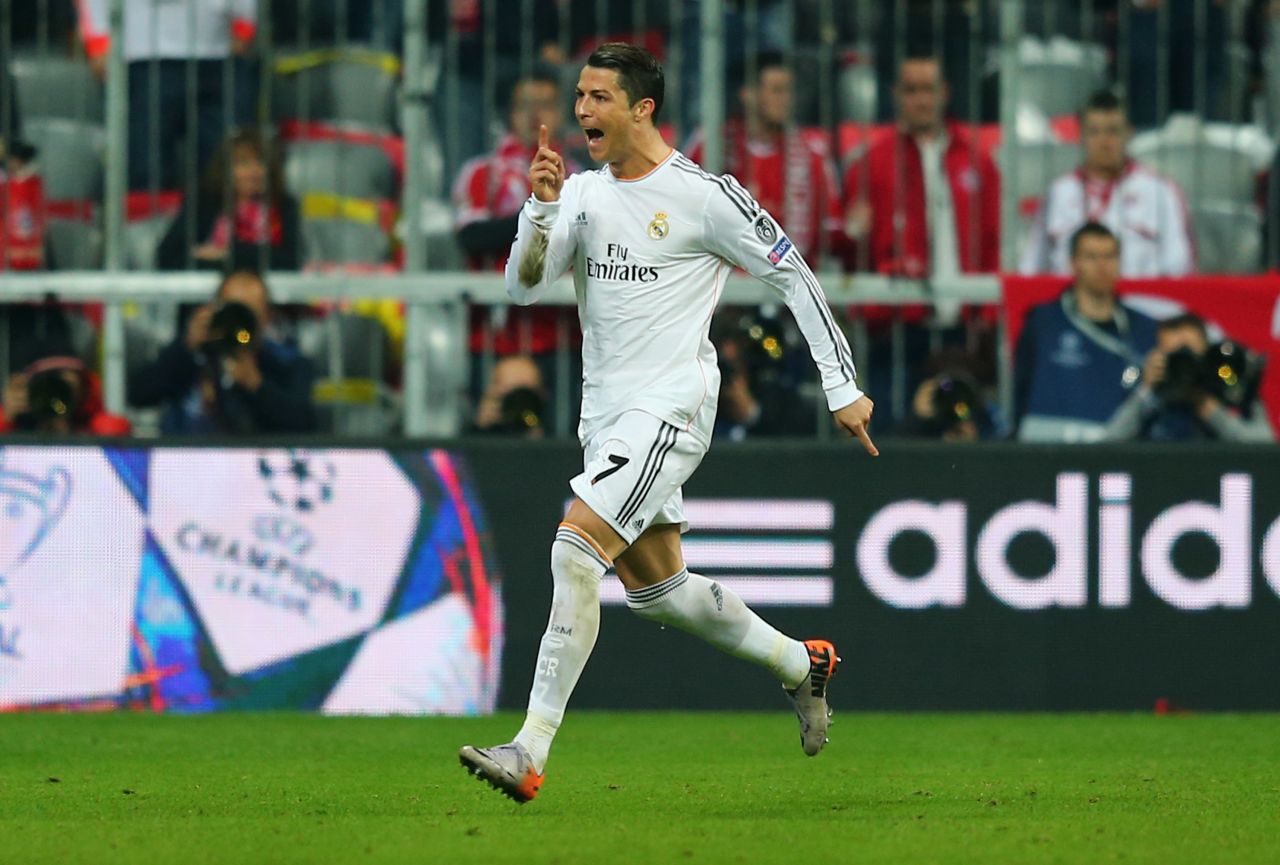April 29: Ronaldo scores two to help Real Madrid beat Champions League holders Bayern 4-0 in Munich.