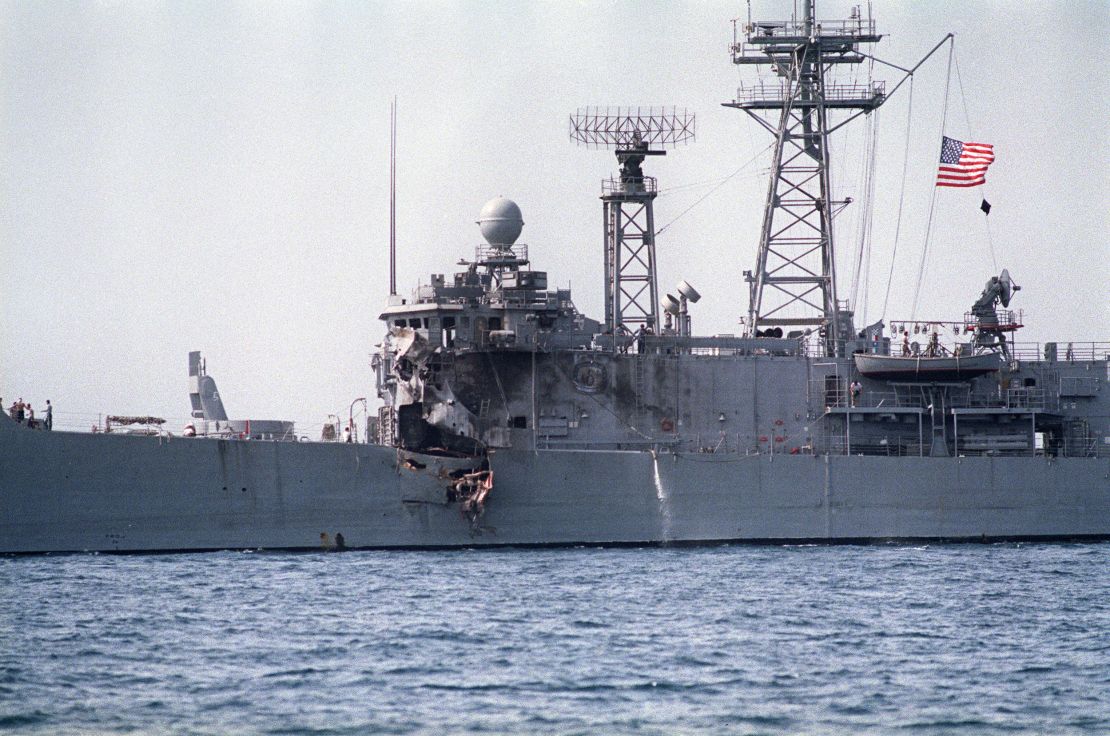 A picture taken May 17, 1987, of frigate USS Stark which was hit by two Exocet missiles fired from an Iraqi fighter jet during the Iran-Iraq war.
