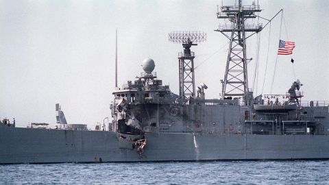 A picture taken May 17, 1987, of frigate USS Stark which was hit by two Exocet missiles fired from an Iraqi fighter jet during the Iran-Iraq war.