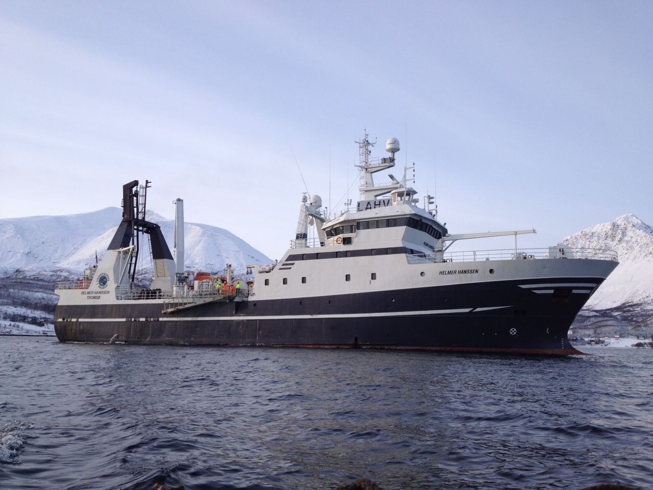 The vessel "Helmer Hanssen" on the Arctic waters of the Lyngen Fjord, northern Norway. Its mission: To discover unknown bacteria that might provide new antibiotics.