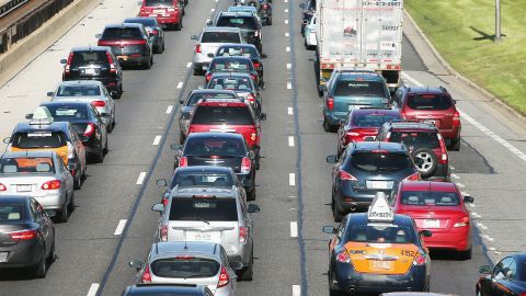 Traffic jams up on the Kennedy Expressway leaving the city for the Memorial Day in Chicago.