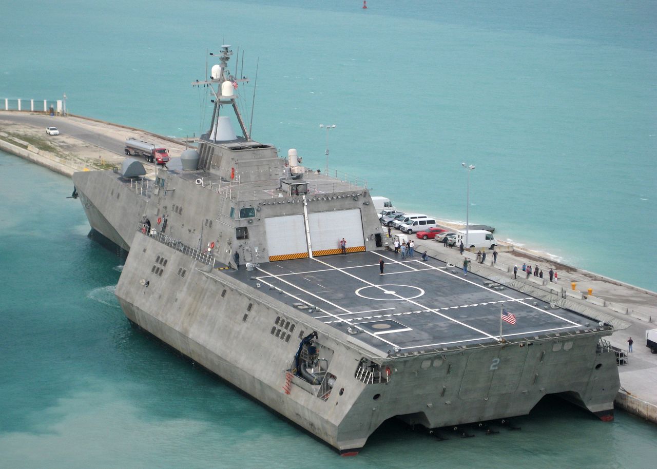 The littoral combat ship USS Independence (LCS-2) is pictured at Naval Air Station Key West, Florida, in 2010. The ship was specifically designed to defeat "anti-access" threats in shallow coastal water regions, including surface craft, diesel submarines and mines, according to the Navy.