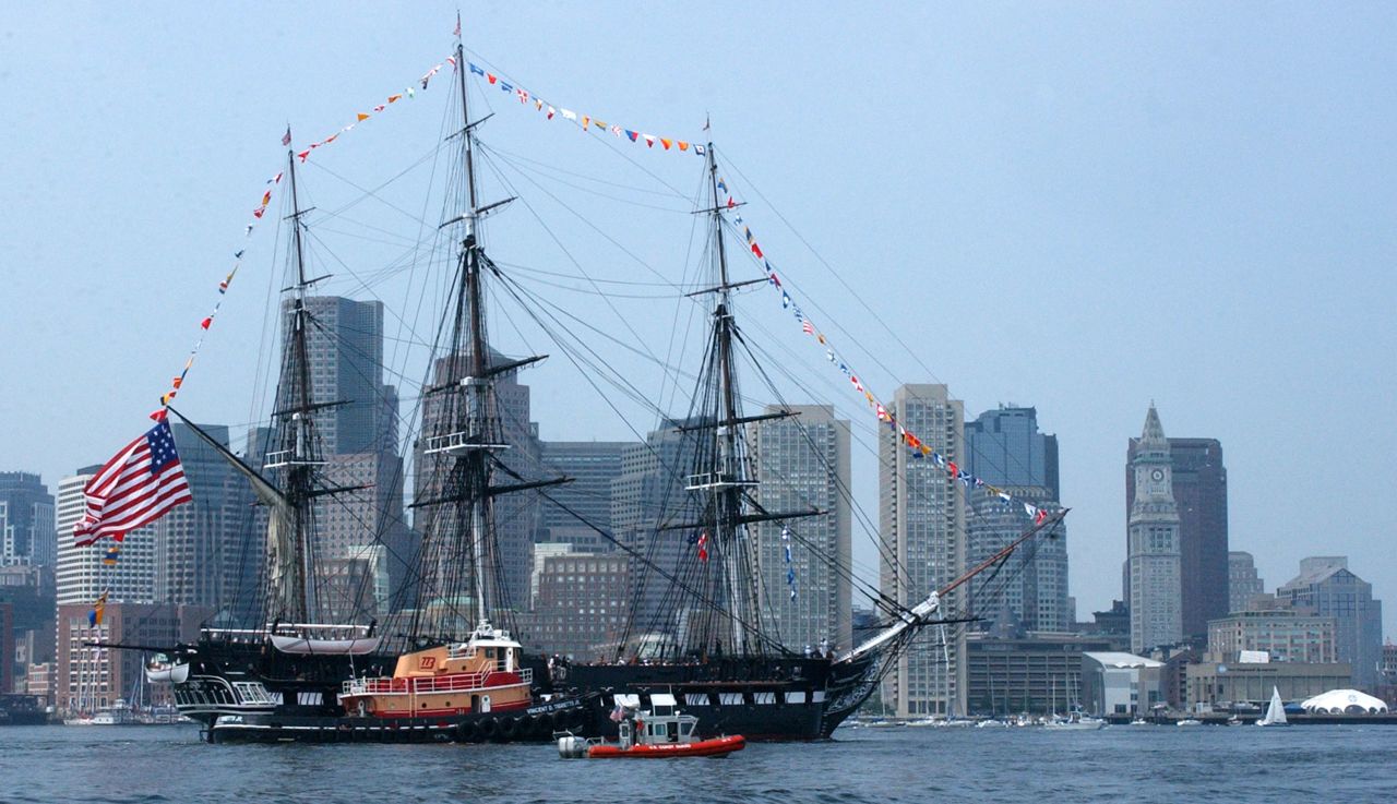 The USS Constitution is shown in Boston Harbor in 2005. The tall-masted frigate in the oldest active warship in the world.