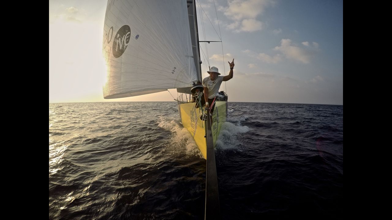 Rokas Milevicius, a sailor in the Volvo Ocean Race, uses a GoPro Pole to take a selfie from the bow of his boat on Sunday, January 11.