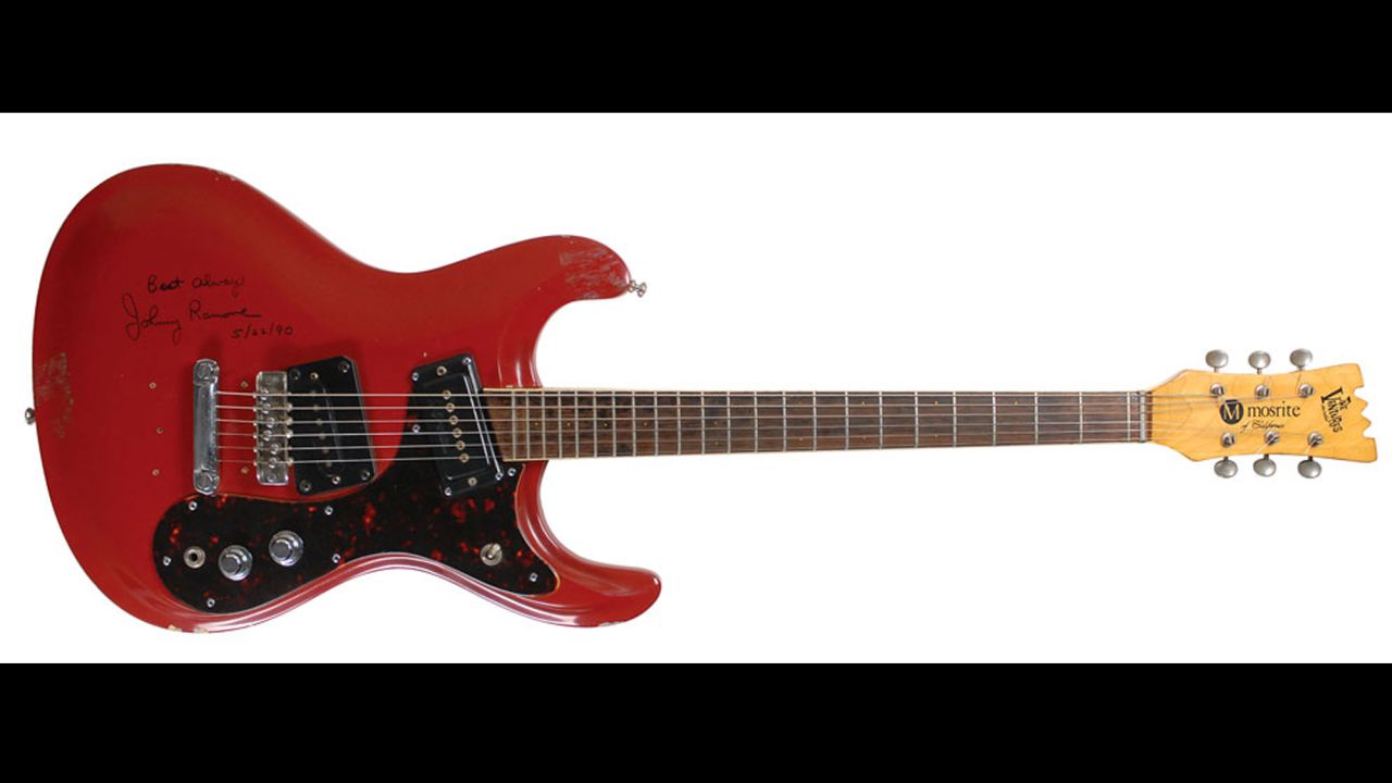 Johnny Ramone's Mosrite guitar is signed on the body in black felt tip, "Best Always, Johnny Ramone, 5/22/90." 