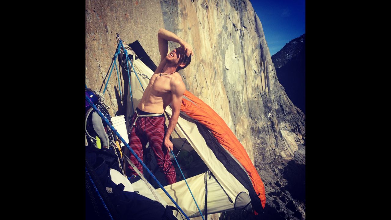 Caldwell looks up the Dawn Wall during a break. 
