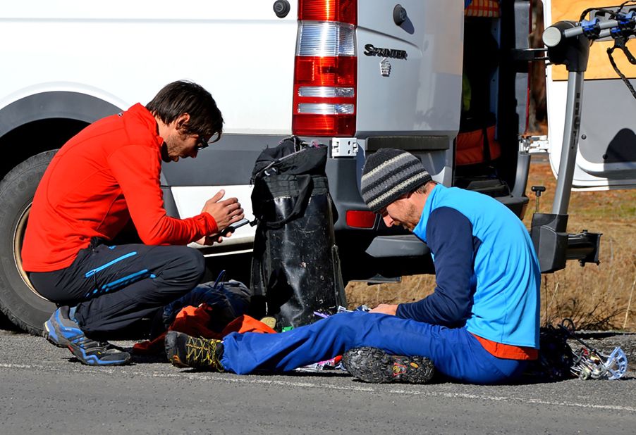 Before starting their climb, Jorgeson, left, and Caldwell prepare their gear on Saturday, December 27. Jorgeson didn't know Caldwell until he decided to join him on the climb.