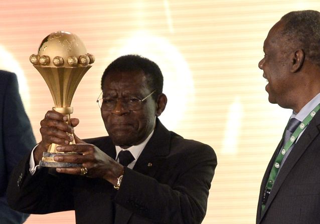 President Teodoro Obiang Nguema Mbasogo, who has ruled Equatorial Guinea since 1979, won the last elections in 2009 with over 95% of the vote. He is pictured here with the Africa Cup of Nations. 