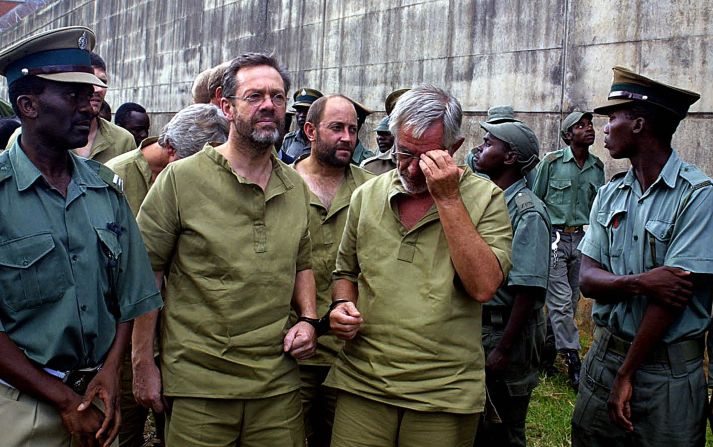 Former SAS man Simon Mann (second from left) led a coup against Obiang in 2004. Apprehended in Zimbabwe, from where the mission was to take off, he served a four-year sentence there before being transferred to Black Beach prison in Malabo, Equatorial Guinea, in 2008. Mann served 15 months of a 34-year jail term before being pardoned by Obiang.