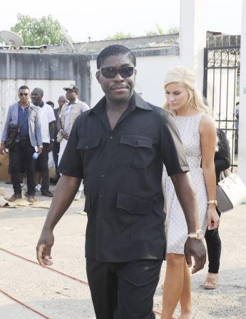 President Obiang's son, Teodorin, is pictured with girlfriend Christina Mikkelsen during a distribution of toys to disadvantaged children in Malabo in December.
