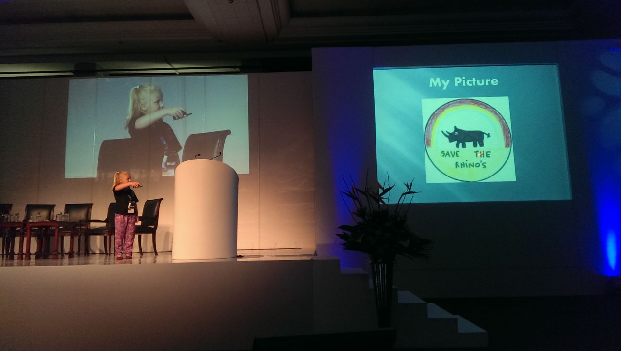 Carter speaks at schools and business events to raise awareness of the rhinoceros' struggle in the face of poaching.  