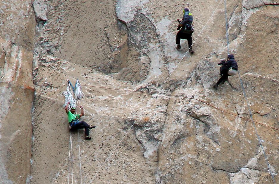 While two people record him from above, Jorgeson celebrates finishing a portion of his climb on January 8.