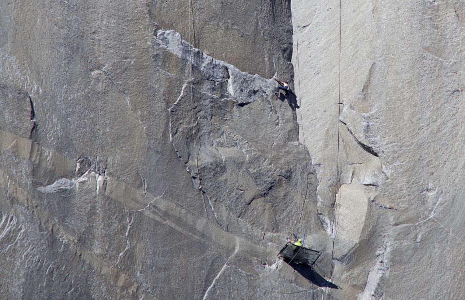 Caldwell, bottom, watches Jorgeson as they work their way up the Dawn Wall on Monday, January 12.