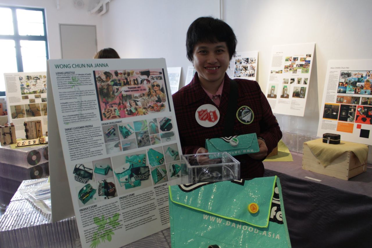 Lee Ching won first place for her upcycled clutch made from an old nylon rice bag. Lee, who has an intellectual disability, joined the Salvation Army in 2001 when she was 17. Some charities in Hong Kong are using events like this to give people with disabilities more skills to help them find work.
