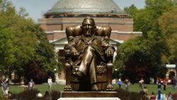 Caption:DURHAM, NC - APRIL 11: The statue of Washington Duke on Duke University's East Campus with Baldwin Auditorium is shown April 11, 2006 in Durham, North Carolina.