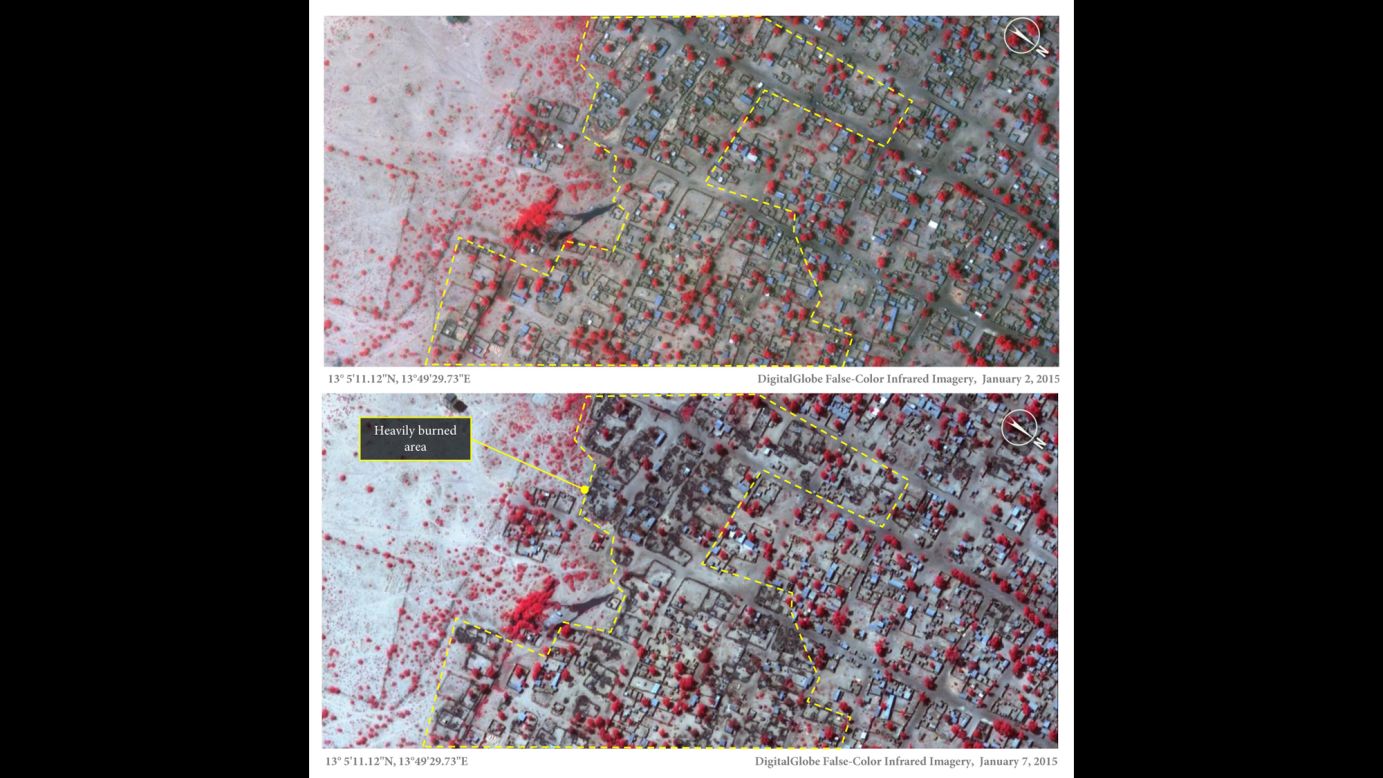 The top image of the northern Nigerian town of Baga, taken on January 2, 2015, shows thatch roof structures. These have been rebuilt since an attack on Baga in April 2013. The dark color in the bottom image, taken on January 7, 2015, represents burned areas, while the red indicates healthy vegetation.