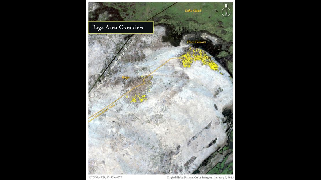 A satellite view of the devastated town and neighboring Doron Baga on January 7.