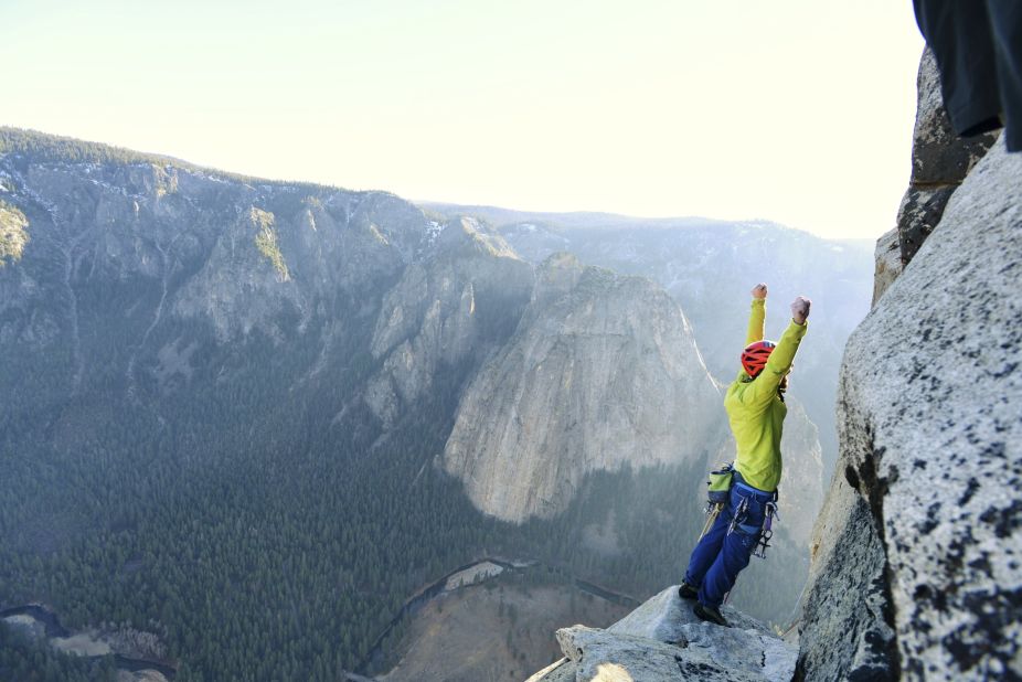 Caldwell celebrates after finishing the climb, which took more than two weeks. The Dawn Wall is more than a half-mile high.