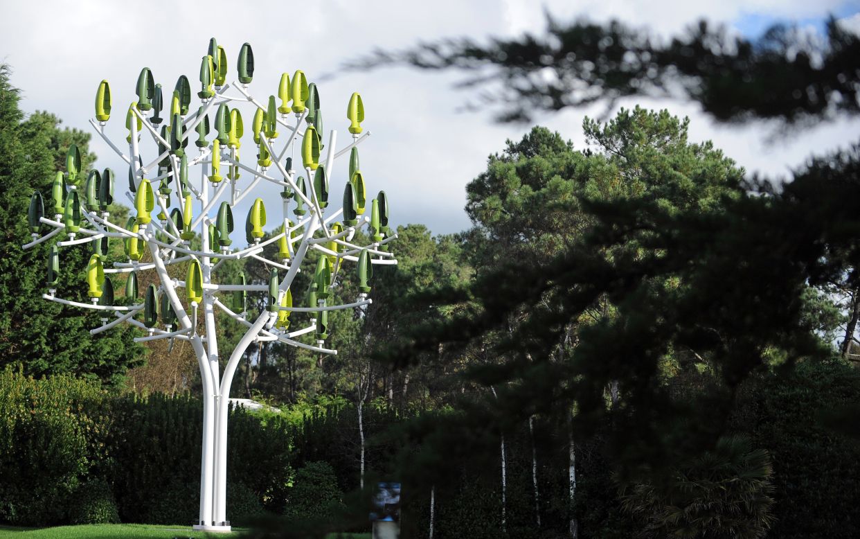 A prototype of the "Wind Tree," system, which generates electricity from multiple leaf-like turbines, produced by French company New World Wind.