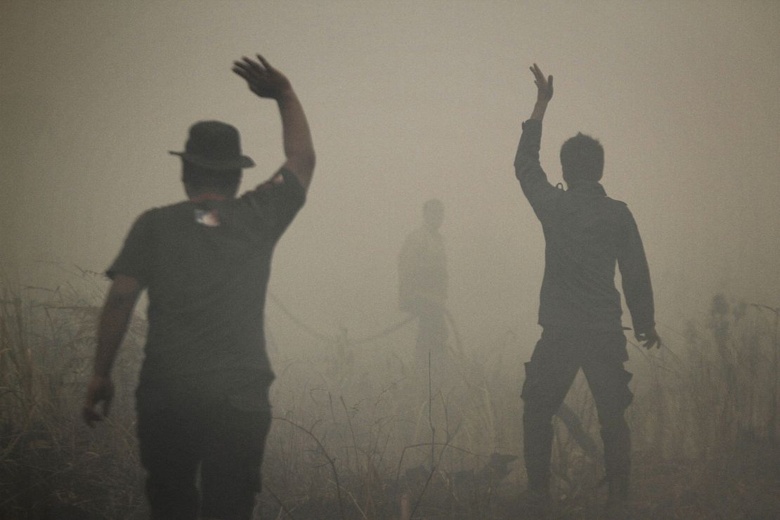 Indonesian firefighters put out a fire on smoldering peatland in Siak Regency located in Riau province on Indonesia's Sumatra island, March 1, 2014.