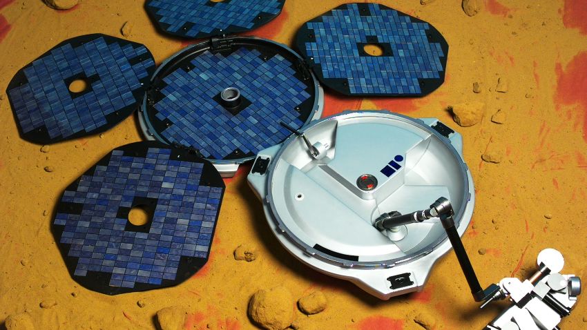 The Beagle 2 lander is shown in this European Space Agency image as it would have appeared on the surface of Mars, had it deployed properly.