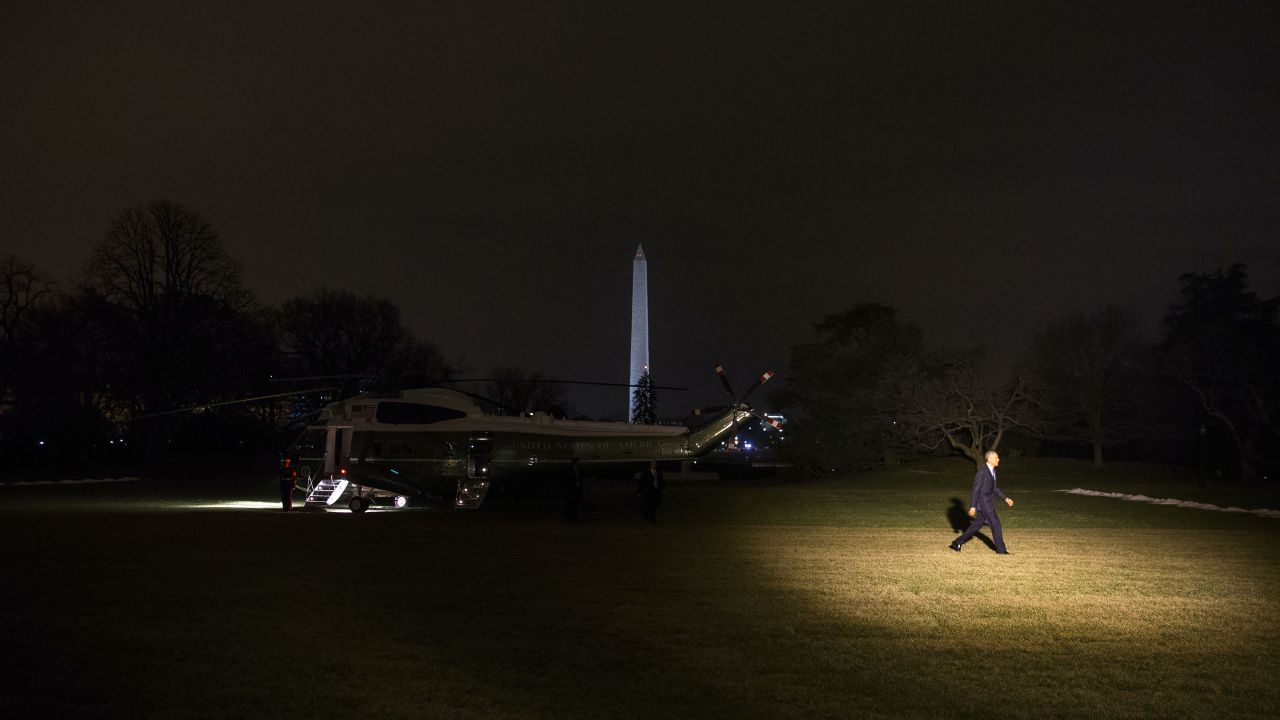 U.S. President Barack Obama arrives on the South Lawn of the White House after a day trip to Cedar Falls, Iowa, on Wednesday, January 14.