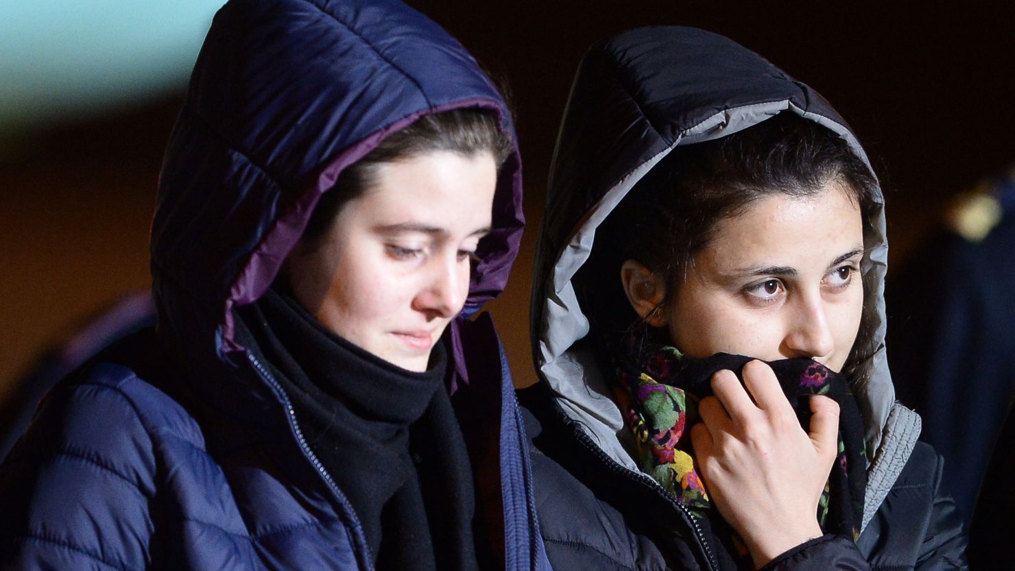 Italian aid workers abducted in Syria, Greta Ramelli and Vanessa Marzullo, arrive in Rome on January 16, 2015.