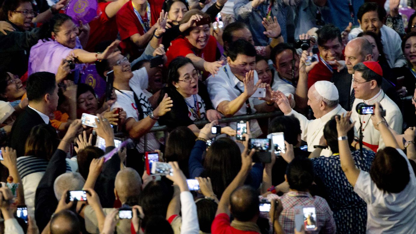 Pope Francis arrives January 16 at the Mall of Asia Arena in Manila.