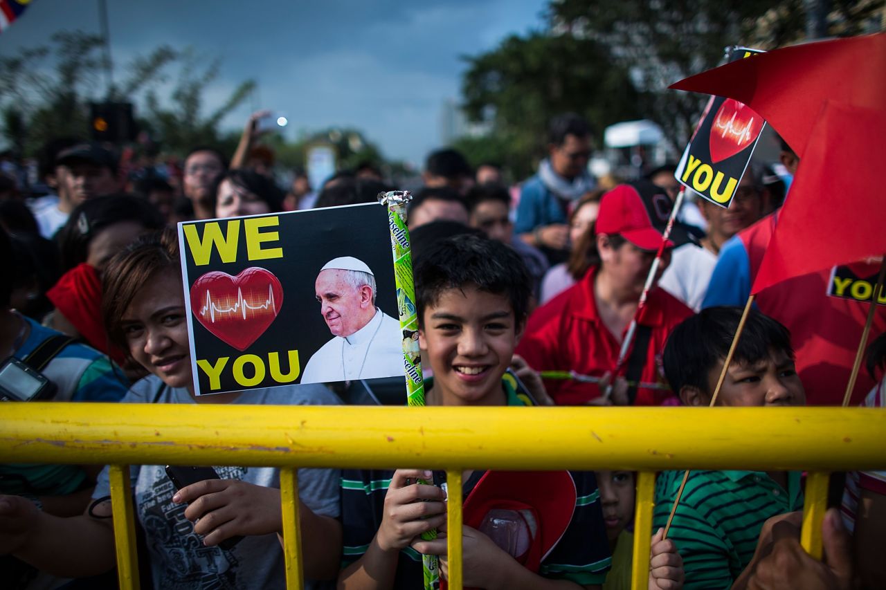 Crowds gather at the Malade area awaiting Pope Francis' arrival on January 15 in Manila, Philippines.
