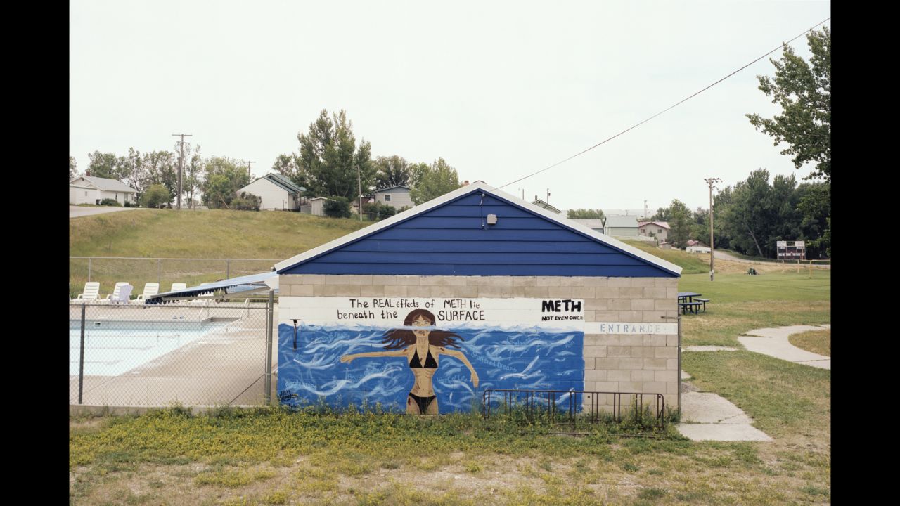A mural near a community pool in Harlowton, Montana, warns of the negative effects of "meth," or methamphetamine.
