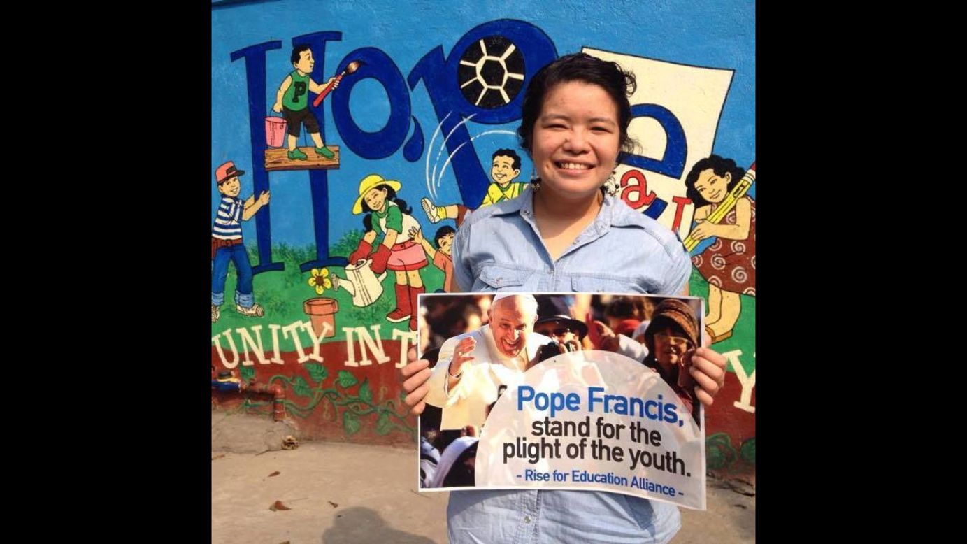 Sheryl Alapad, a member of the National Union of Students of the Philippines, has a message for the Pope: "May you bless us with your guidance, dear Pope, as we battle against inequality, as we fight for education, better social services, and for peace and unity in our nation."