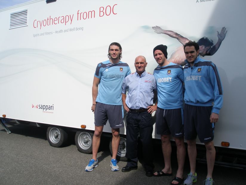 West Ham United is one of several English Premier League soccer teams to use the mobile cryotherapy unit, which has been on the road since 2013. Here players Andy Carroll, Kevin Nolan and Joey O'Brien prepare to enter its chilly interior.