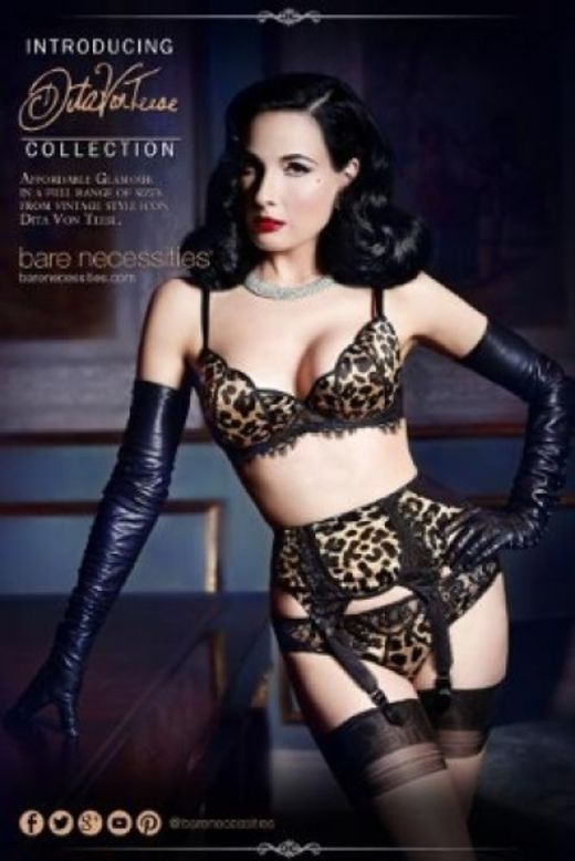 Dita Von Teese: en 2014, Bare Necessities anunció que la compañía se iba a asociar con la estrella de la parodia, Dita Von Teese, para crear una línea de lencería.