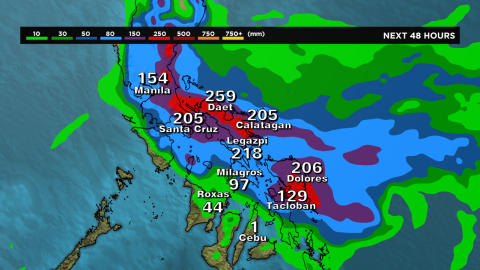 Forecast shows rainfall amounts in millimeters for the next 48 hours when a typhoon will hit the Philippines.