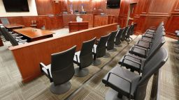 A view of the jury box, right,  inside Courtroom 201, where jury selection in the trial of Aurora movie theater shootings defendant James Holmes is to begin on Jan. 20, 2015, at the Arapahoe County District Court in Centennial, Colo., Thursday, Jan. 15, 2015. Jury selection is expected to take several weeks to a few months. (AP Photo/Brennan Linsley, pool)