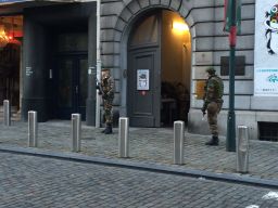 Soldiers stand guard at Brussels' Jewish museum in the wake of Thursday's terror raid in eastern Belgium,