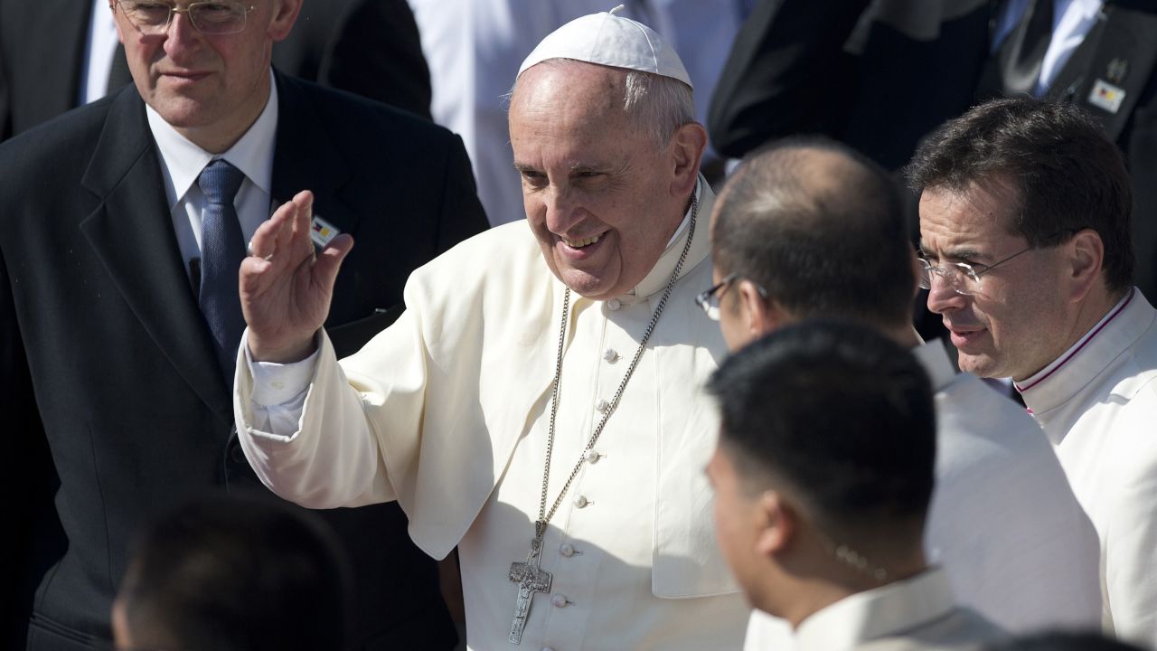 Pope Francis waves to the crowd during a departure ceremony at Villamor Air Base in Manila, Philippines, on Monday, January 19. Francis concluded a weeklong trip to Asia which included visits to Sri Lanka and the Philippines.