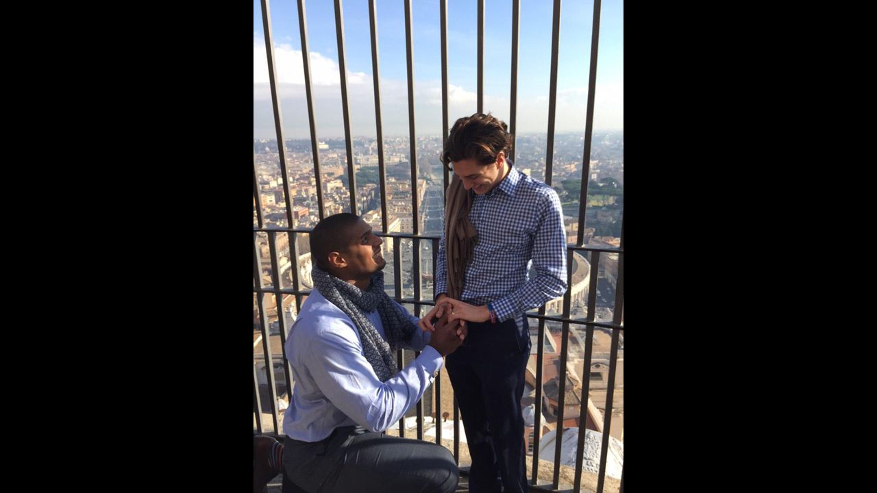Michael Sam, <a href="http://www.cnn.com/2014/02/09/us/gallery/michael-sam/index.html" target="_blank">the first openly gay football player to be drafted</a> into the NFL, proposed to his boyfriend, Vito Cammisano, during a vacation in Europe. "Thank you for saying yes," <a href="https://twitter.com/MichaelSamNFL/status/556173295968858113/photo/1" target="_blank" target="_blank">Sam tweeted</a> on January 16, 2015.