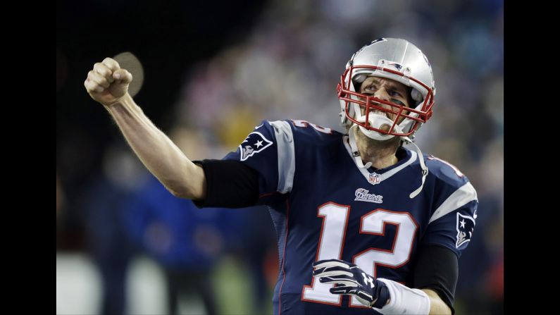 New England Patriots quarterback Tom Brady pumps his fist during warm-ups for the AFC Championship on Sunday, January 18. Brady and the Patriots would go on to dominate Indianapolis 45-7, delighting the home crowd in Foxborough, Massachusetts. Brady will become the first quarterback to play in six Super Bowls when the Patriots take on Seattle on February 1.