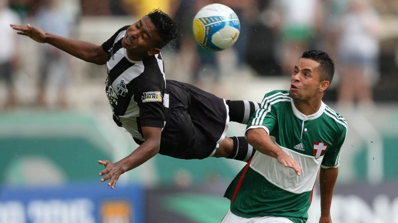 A player from Ceara SC, a Brazilian soccer club, heads the ball during a match against Palmeiras at the Sao Paulo Junior Cup on Wednesday, January 14.